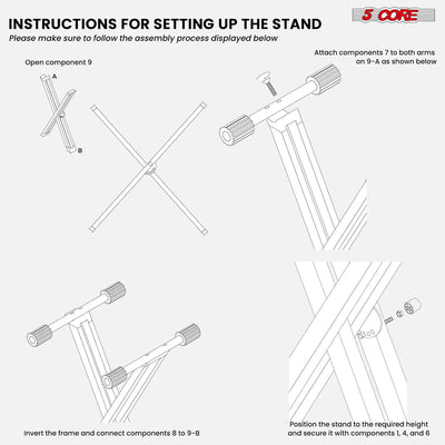 5Core Keyboard Stand Double X Style Adjustable Lift Piano Riser For 49 To 88 Keys WHITE