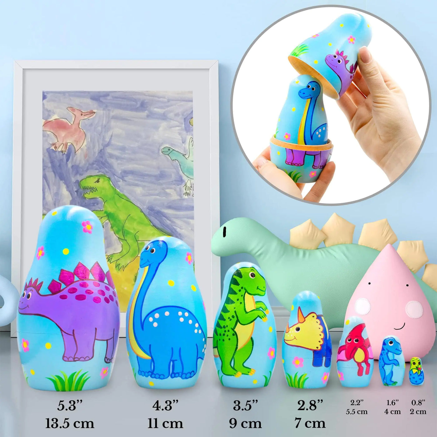 Dinosaur Nesting Dolls Set 7 pcs Dinosaur Decor Matryoshka Dolls Hand Painted